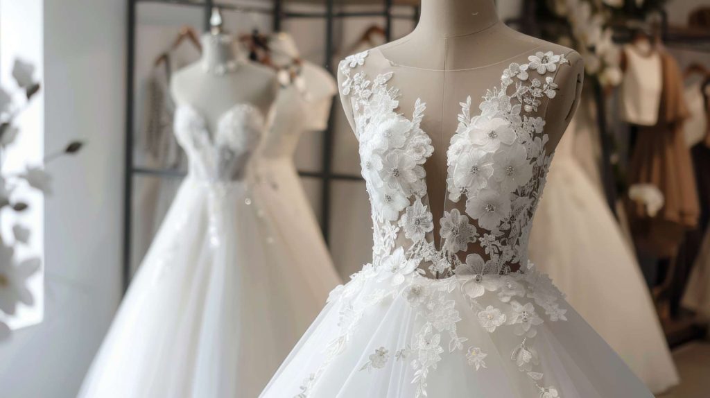 Détail d’une robe de mariée en dentelle brodée : corsage illusion à décolleté en V et jupe en tulle