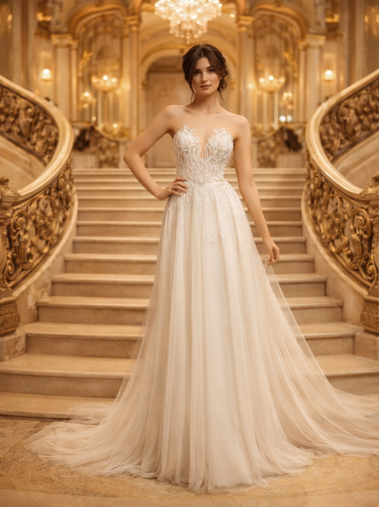 Apolline Robe de mariée trapèze à bustier droit en dentelle brodée et dos nu, avec jupe fluide et traîne légère.