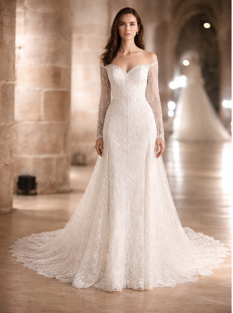 Clémence Robe de mariée princesse en dentelle florale à décolleté cœur et épaules dénudée