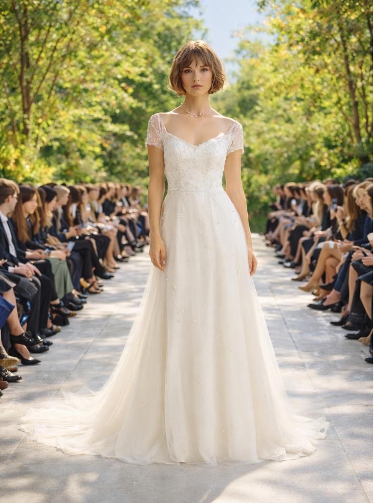 Constance Robe de mariée coupe princesse fluide à manches courtes en tulle brodé et dos échancré