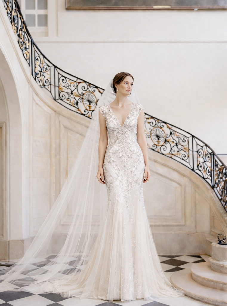 Camille Robe fourreau brodée à décolleté en V et dos illusion, ornée d’arabesques perlées, s’évasant en jupe tulle légère avec traîne fluide