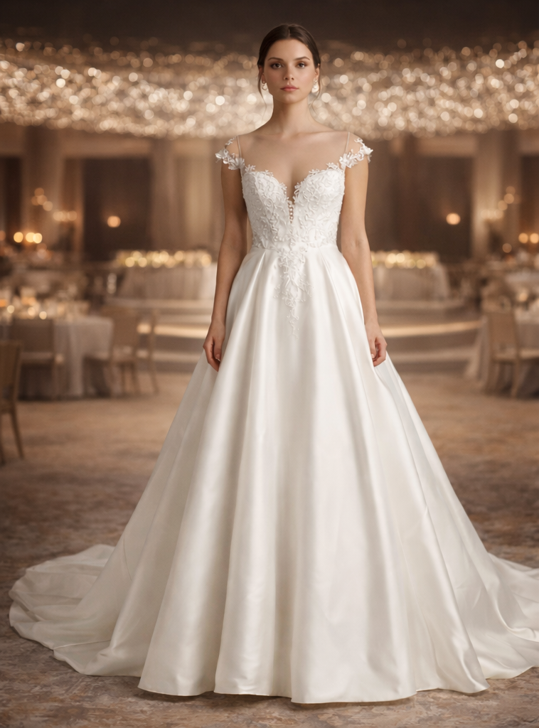 Élise Robe de mariée princesse en satin à décolleté en V et dos illusion plongeant