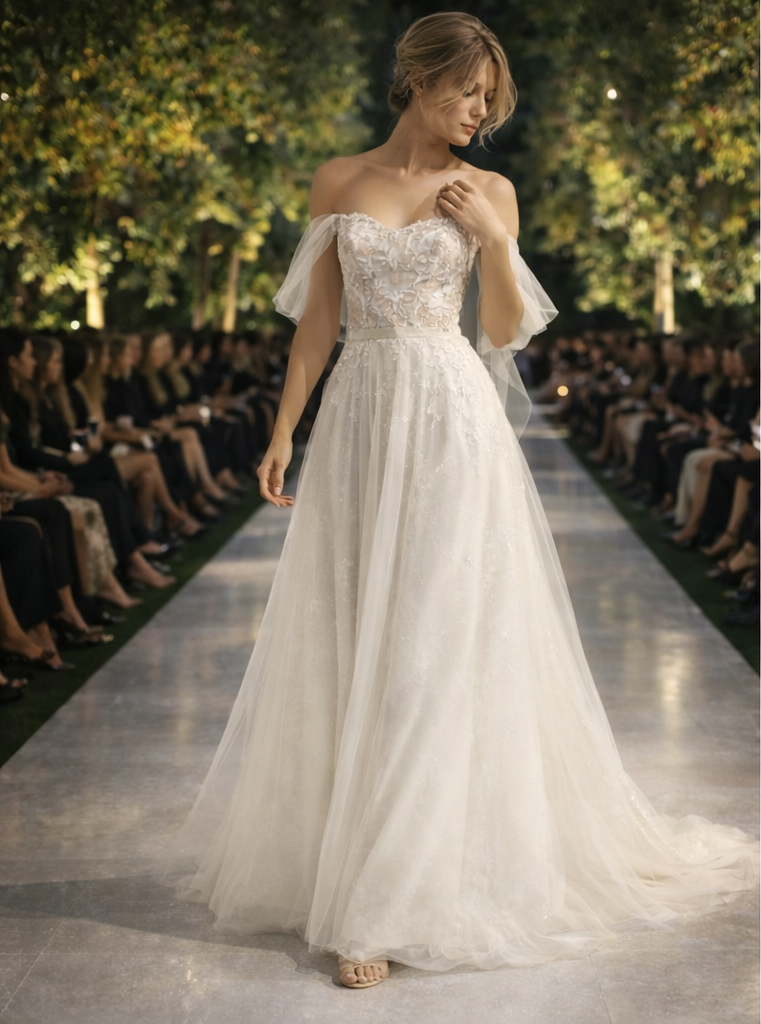 Eulalie Robe de mariée coupe A à décolleté cœur et manches en tulle vaporeux