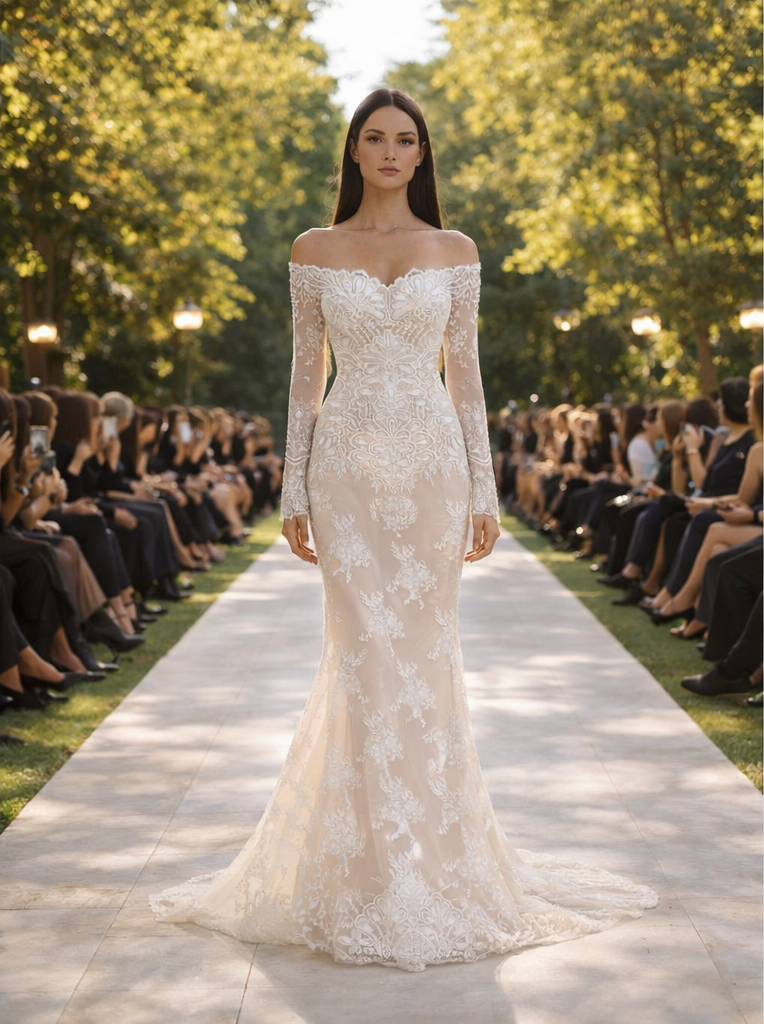Éléonore Robe de mariée fourreau esprit sirène à épaules dégagées, en dentelle brodée sur fond nu