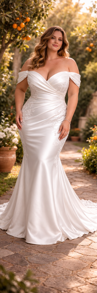 Soléa Robe de mariée sirène drapée à manches tombantes et traîne dentelle