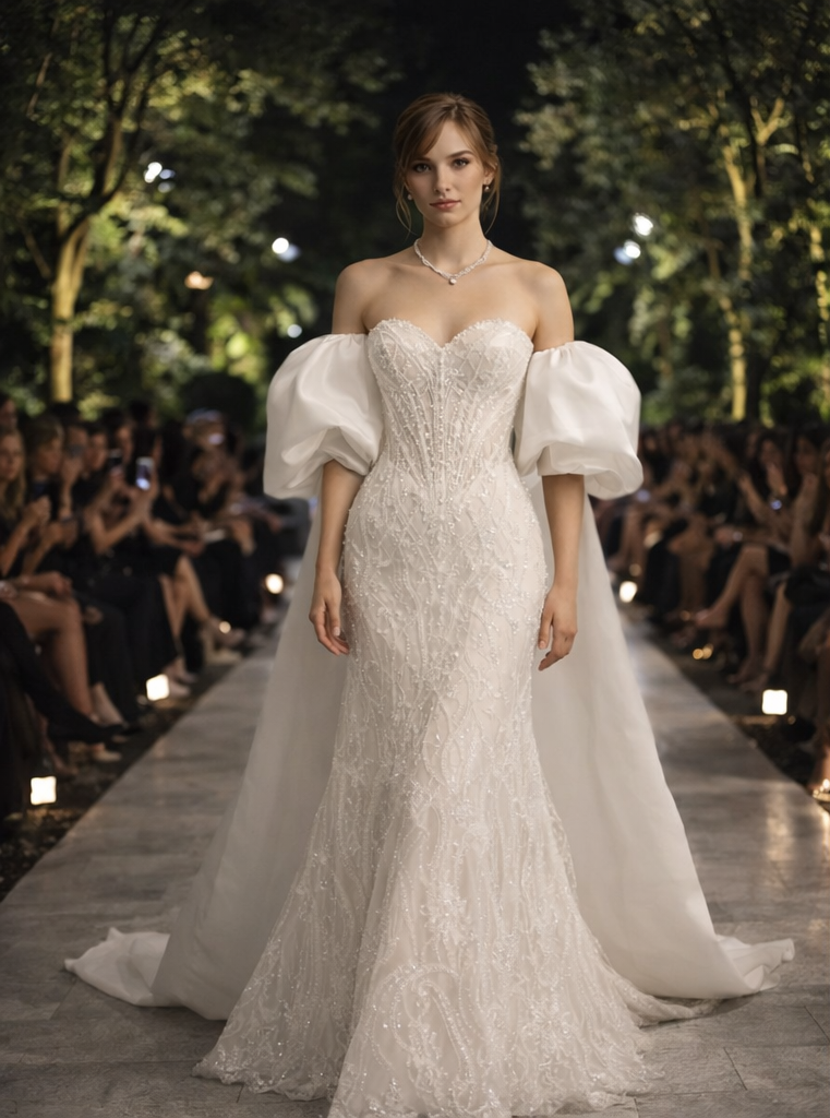 Victoire Robe de mariée sirène corsetée à bustier cœur, manches bouffantes tombantes et dos lacé